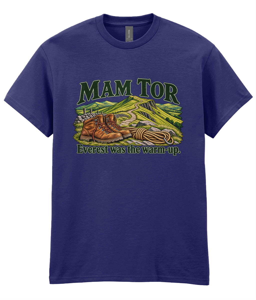 Front view of the Uphill Society Mam Tor – Everest Was the Warm-Up T-Shirt, featuring walking boots and a Mam Tor landscape with Everest was the warm-up lettering.