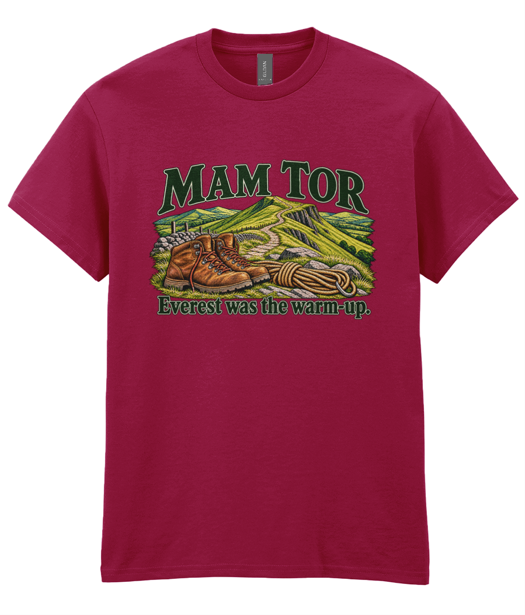 Front view of the Uphill Society Mam Tor – Everest Was the Warm-Up T-Shirt, featuring walking boots and a Mam Tor landscape with Everest was the warm-up lettering.