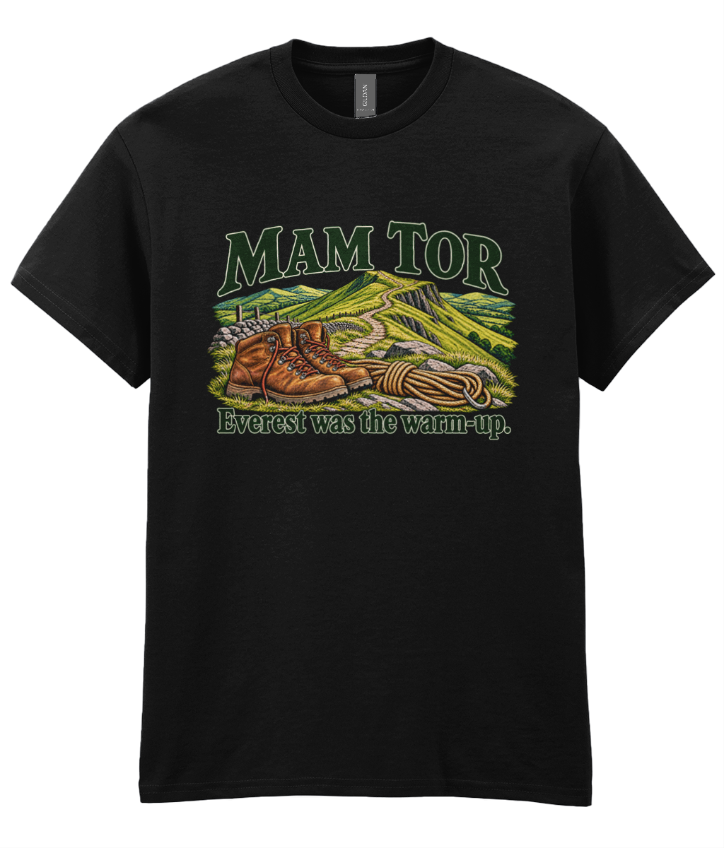 Front view of the Uphill Society Mam Tor – Everest Was the Warm-Up T-Shirt, featuring walking boots and a Mam Tor landscape with Everest was the warm-up lettering.