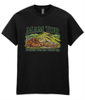 Front view of the Uphill Society Mam Tor – Everest Was the Warm-Up T-Shirt, featuring walking boots and a Mam Tor landscape with Everest was the warm-up lettering.