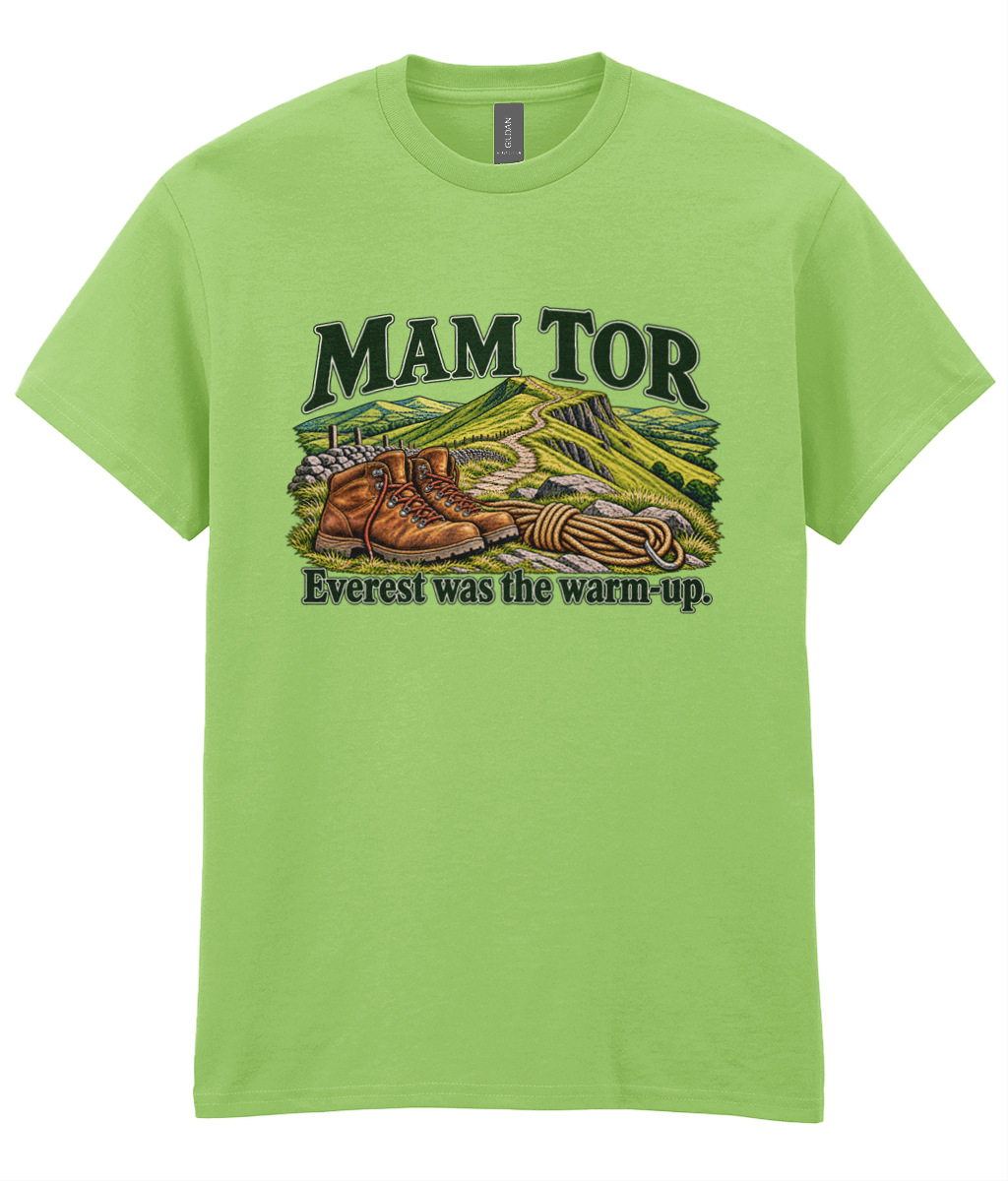 Front view of the Uphill Society Mam Tor – Everest Was the Warm-Up T-Shirt, featuring walking boots and a Mam Tor landscape with Everest was the warm-up lettering.