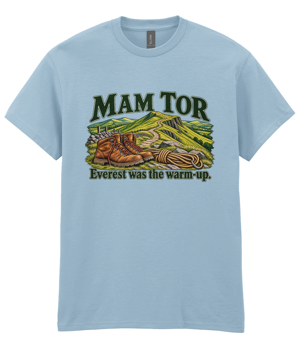 Front view of the Uphill Society Mam Tor – Everest Was the Warm-Up T-Shirt, featuring walking boots and a Mam Tor landscape with Everest was the warm-up lettering.