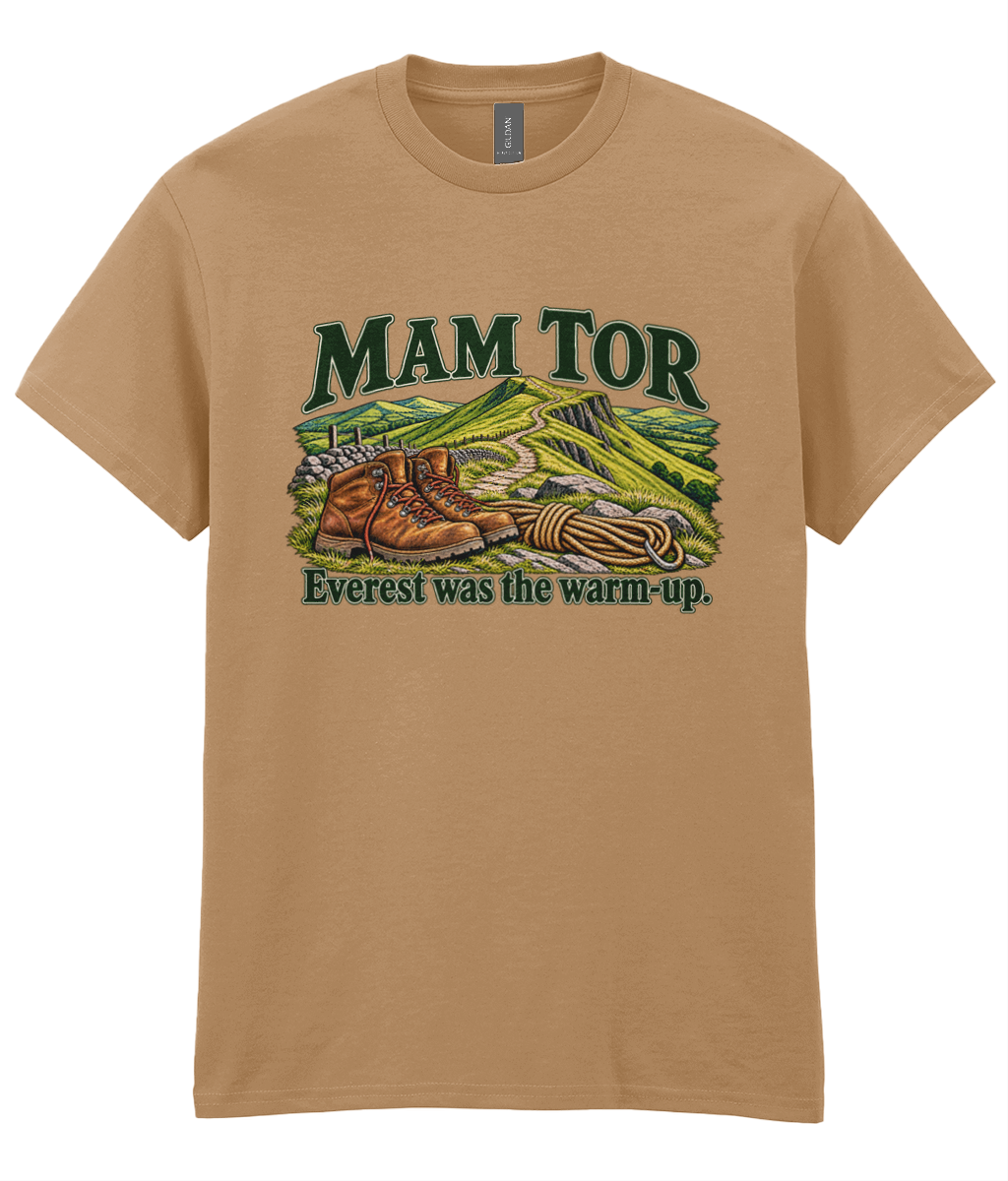 Front view of the Uphill Society Mam Tor – Everest Was the Warm-Up T-Shirt, featuring walking boots and a Mam Tor landscape with Everest was the warm-up lettering.