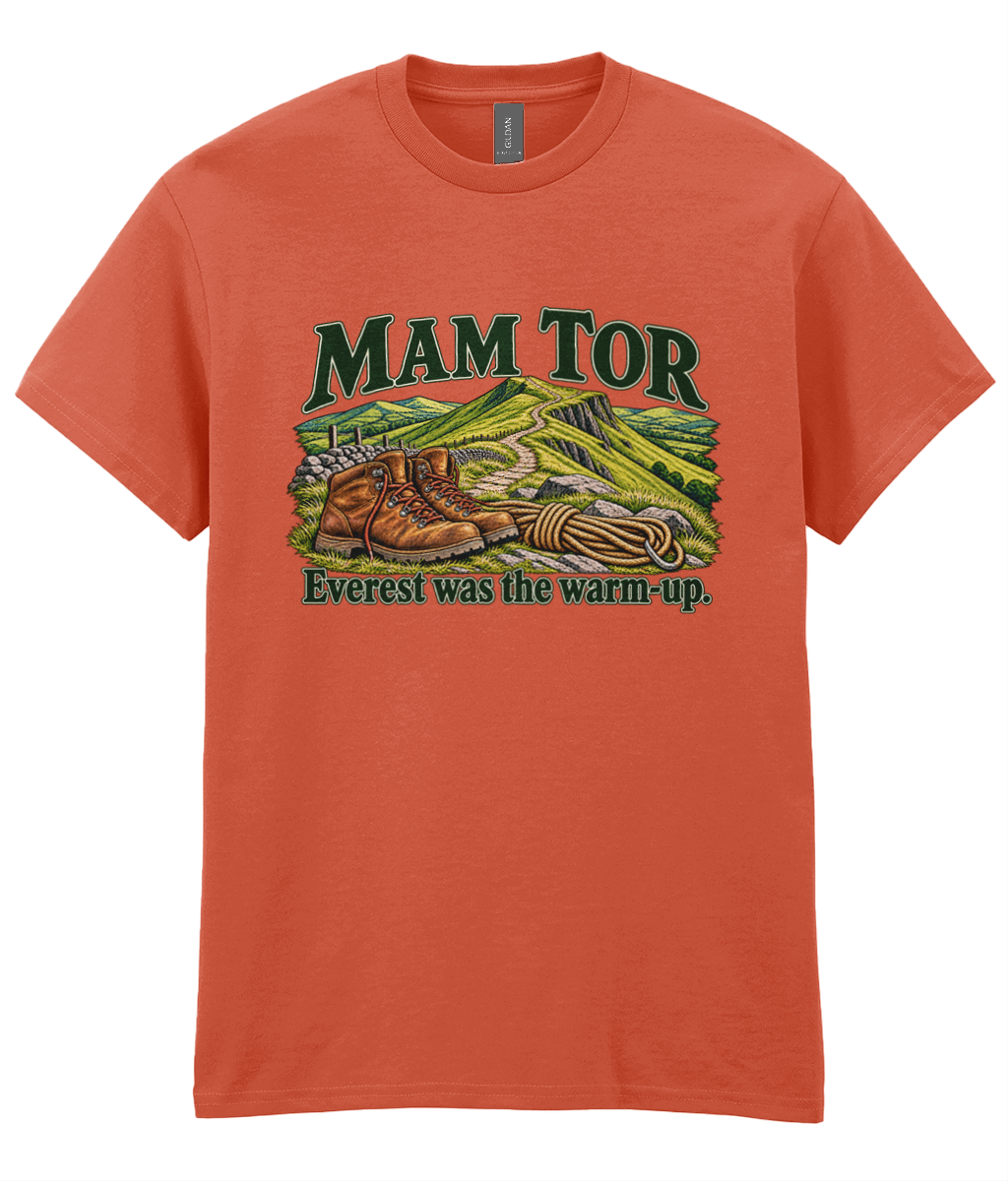 Front view of the Uphill Society Mam Tor – Everest Was the Warm-Up T-Shirt, featuring walking boots and a Mam Tor landscape with Everest was the warm-up lettering.
