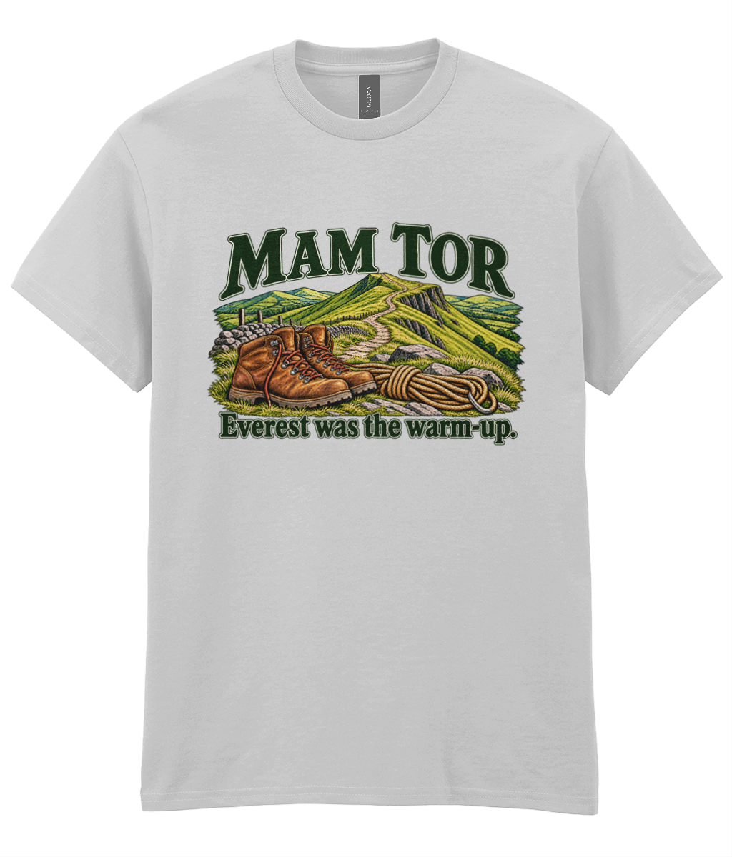 Front view of the Uphill Society Mam Tor – Everest Was the Warm-Up T-Shirt, featuring walking boots and a Mam Tor landscape with Everest was the warm-up lettering.