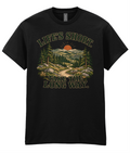 Front view of the Uphill Society Life's Short, Take the Long Way T-Shirt, featuring woodland trail and rolling hills beneath Life's Short Take the Long Way lettering.