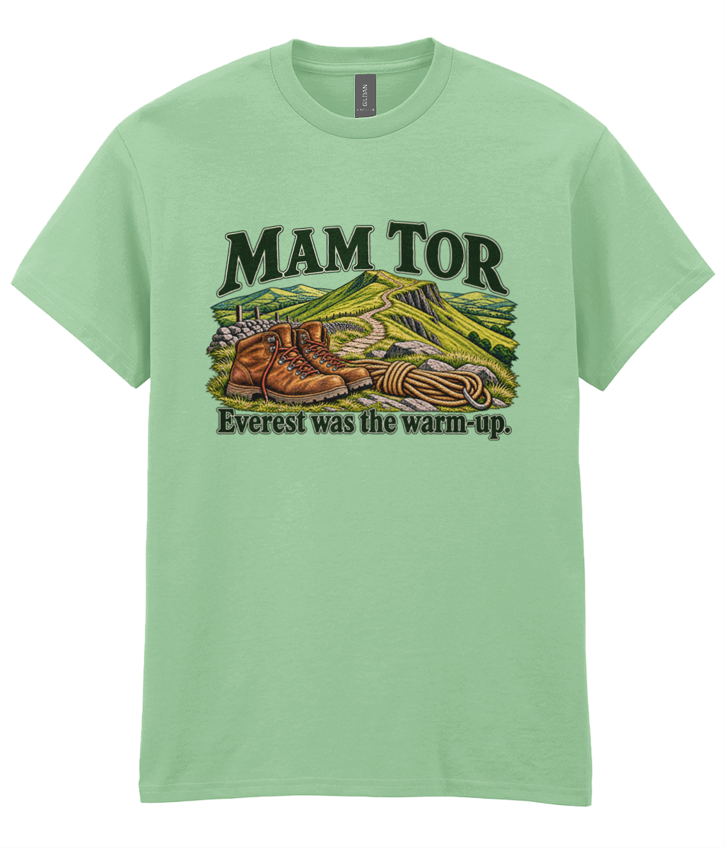 Front view of the Uphill Society Mam Tor – Everest Was the Warm-Up T-Shirt, featuring walking boots and a Mam Tor landscape with Everest was the warm-up lettering.